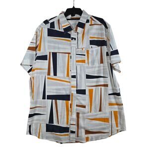 Sean John Men Button Up Shirt 3XL White Black Orange Abstract Short Sleeve Casua